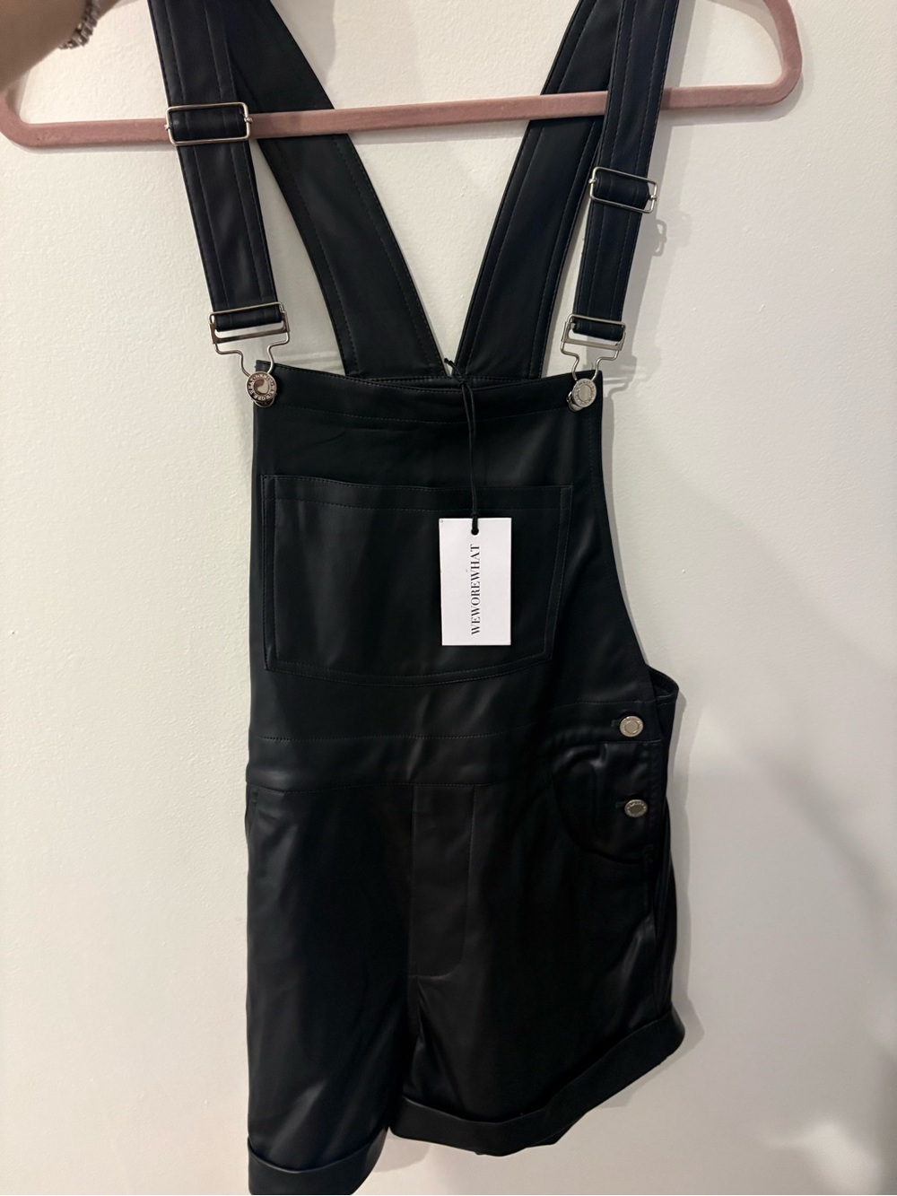 WeWoreWhat Black Faux-Leather Short Overalls